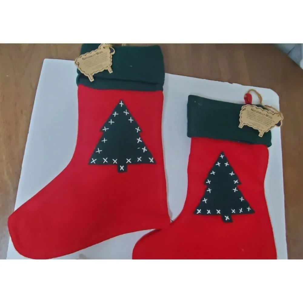 Set Of 4 Naturally‎ Wool Christmas Stockings With Green Cuffs & Tree Design